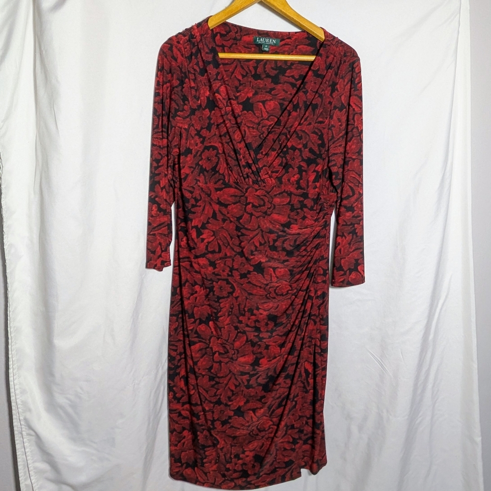 Lauren Ralph Lauren Floral Print Faux Wrap Stretchy Long Sleeve Midi, Sz 12